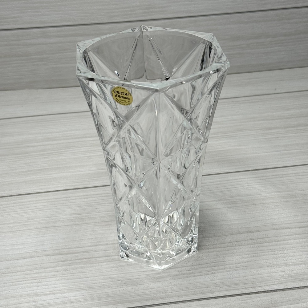 Cristal d Arques France Genuine Lead Crystal Hexagon Vase Diamond Cut 8.75 inch